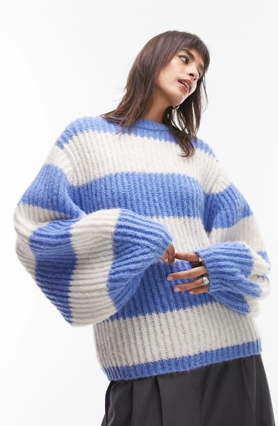Shop Topshop Stripe Balloon Sleeve Sweater In Blue Multi
