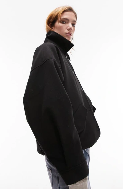 Topshop Brushed Bomber Jacket With Snaps In Black In Black