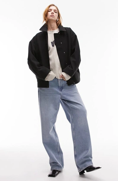 Topshop Brushed Bomber Jacket With Snaps In Black In Black