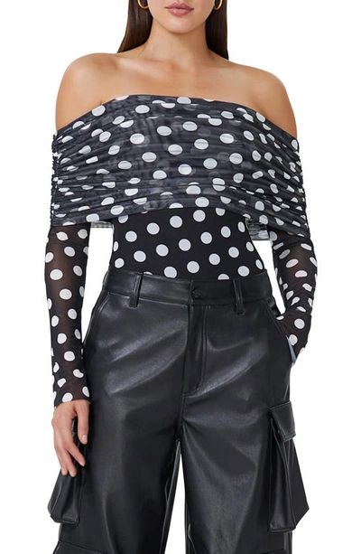 Shop Afrm Maxine Polka Dot Off The Shoulder Bodysuit In Diagonal Dot