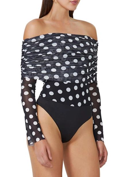 Shop Afrm Maxine Polka Dot Off The Shoulder Bodysuit In Diagonal Dot