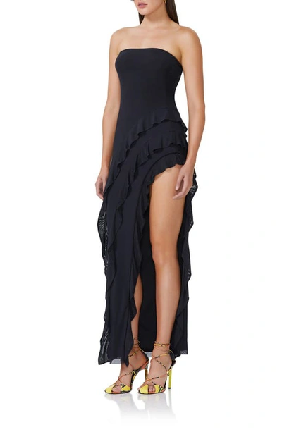 Shop Afrm Siobhan Strapless Asymmetric Ruffle Dress In Noir