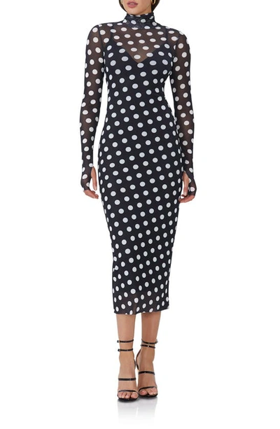 Shop Afrm Shailene Mesh Long Sleeve Midi Dress In Diagonal Dot