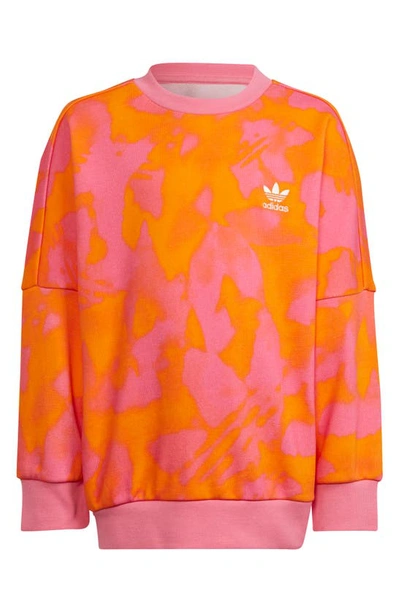 Shop Adidas Originals Kids' Summer Print Crewneck Sweatshirt & Joggers Set In Bright Orange/ Pink Fusion