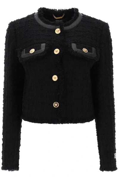 Shop Versace Cropped Jacket In Boucle Tweed
