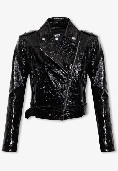 Shop Balmain Croc-embossed Leather Biker Jacket In Black