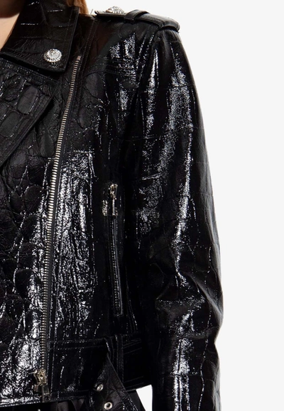 Shop Balmain Croc-embossed Leather Biker Jacket In Black