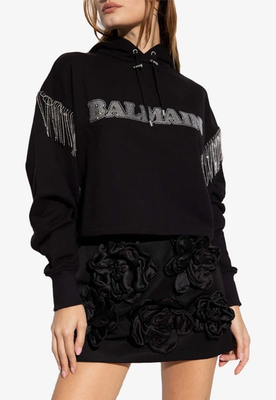 Shop Balmain Crystal Fringed Cropped Hoodie In Black