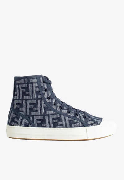 Shop Fendi Domino Jacquard Ff High-top Denim Sneakers In Blue