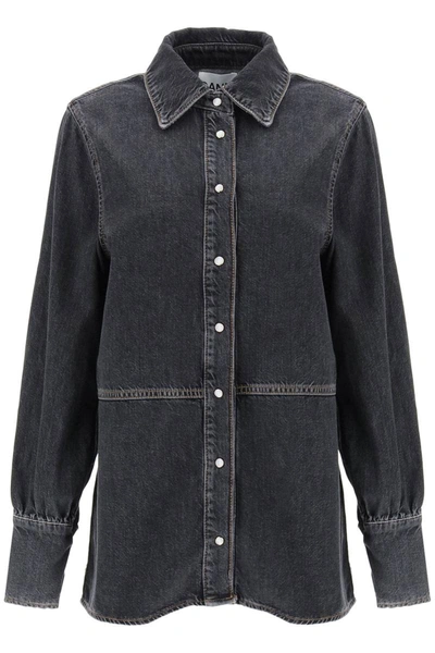 Shop Ganni Rhinestone Denim Shirt In Black