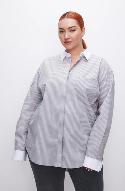 Shop Good American Good Yarn Dye Cotton Poplin Button-up Shirt In Grey Stripe005