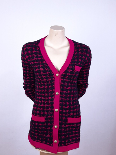Pre-owned Saint Laurent Cardigan Purple Women's Size S Jacquard Houndstooth Mid-length