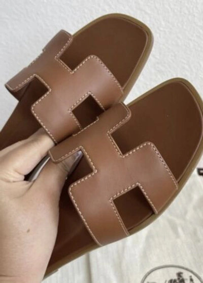 Pre-owned Hermes Brand  Brown Gold Calfskin Oran Sandals Choose Your Size