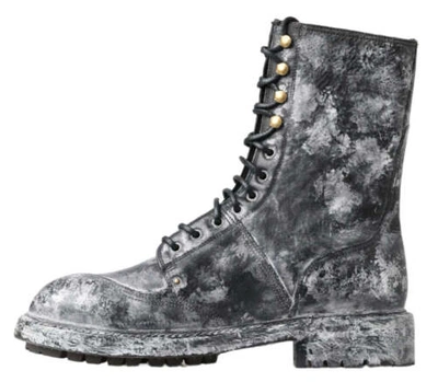 Pre-owned Dolce & Gabbana Dolce&gabbana Men Gray Ankle Boots Leather Spotted Lace Up Casual Combat Booties