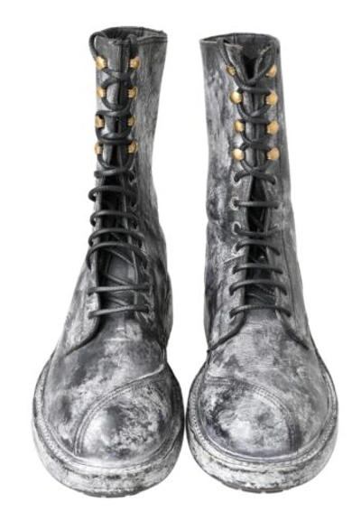 Pre-owned Dolce & Gabbana Dolce&gabbana Men Gray Ankle Boots Leather Spotted Lace Up Casual Combat Booties