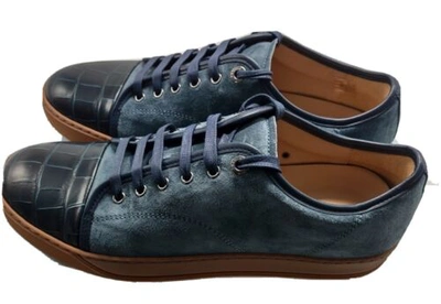 Pre-owned Lanvin Mens Dbb1 Sneakers, Blue Low Top Moc-croc Cap Toe Suede - Us 7.5/uk 6