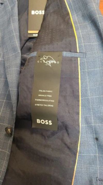 Pre-owned Hugo Boss $895 - Boss Slim Fit Suit Checked Virgin Wool Stretch Italian Fabric - Size 38r In Blue