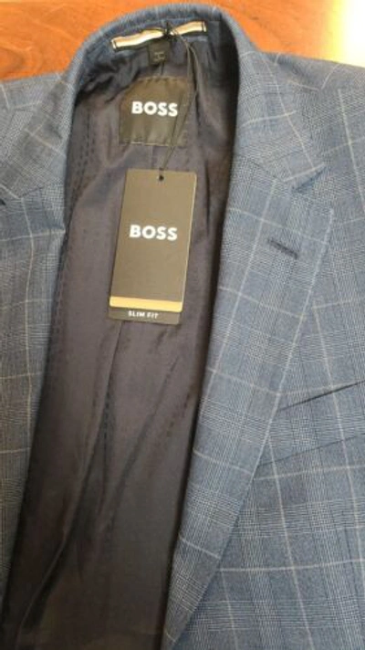 Pre-owned Hugo Boss $895 - Boss Slim Fit Suit Checked Virgin Wool Stretch Italian Fabric - Size 38r In Blue