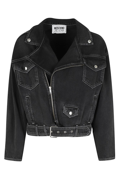 Shop Moschino Jeans Zipped Belted Denim Biker Jacket In Black