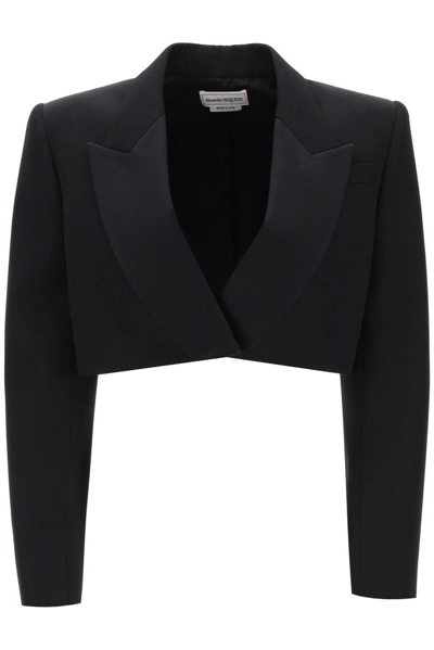 Shop Alexander Mcqueen Cropped Tailored Tuxedo Jacket In Black