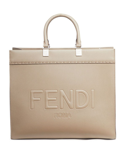 Shop Fendi Sunshine Logo Embossed Medium Tote Bag In Beige