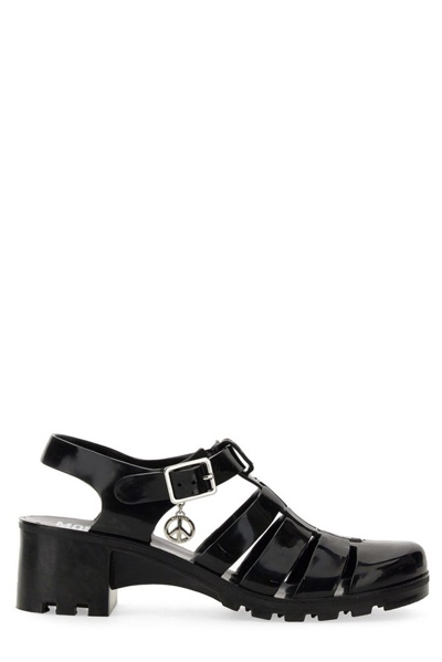 Shop Moschino Jeans Logo Plaque Strap Sandals In Black