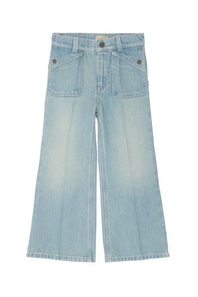 Shop Gucci Kids Logo Patch Wide Leg Jeans In Blue