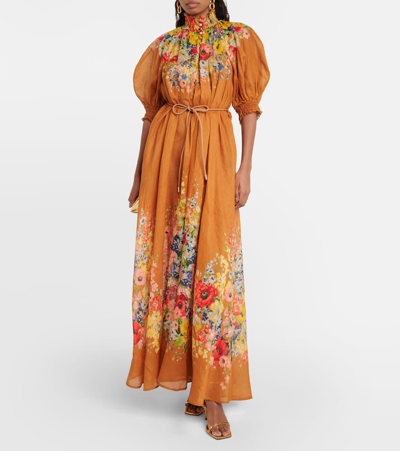 Zimmermann Floral-print Ramie And Gauze Maxi Dress In Orange