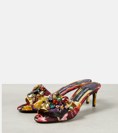 Shop Dolce & Gabbana Rhinestone-embellished Floral Satin Mules In Multicoloured