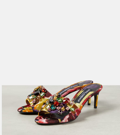 Dolce & Gabbana Rhinestone-embellished Floral Satin Mules In Multicoloured