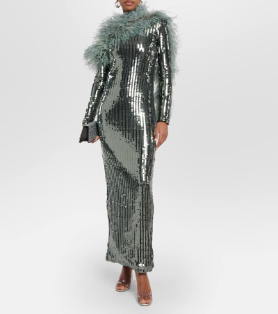 Taller Marmo Garbo Disco Feather-trimmed Sequined Gown In Silver