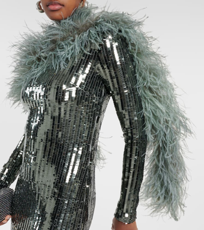 Taller Marmo Garbo Disco Feather-trimmed Sequined Gown In Silver