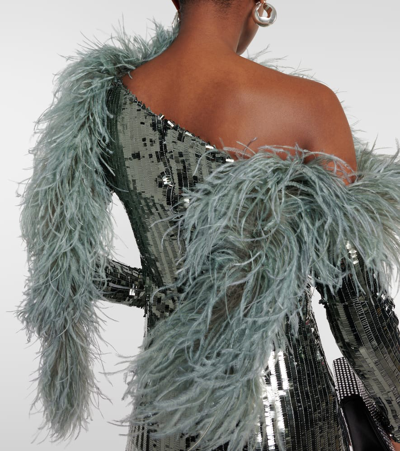 Taller Marmo Garbo Disco Feather-trimmed Sequined Gown In Silver