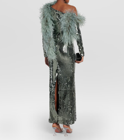 Taller Marmo Garbo Disco Feather-trimmed Sequined Gown In Silver