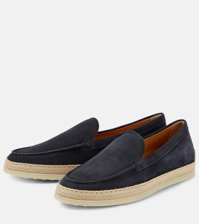 Shop Tod's Raffia-trimmed Suede Loafers In Blue