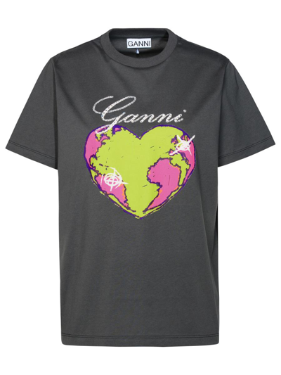 Shop Ganni 'heart' Grey Cotton T-shirt