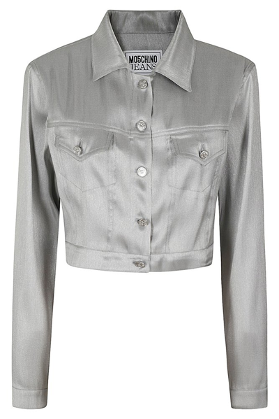 Shop Moschino Jeans Straight Hem Cropped Jacket In Grey