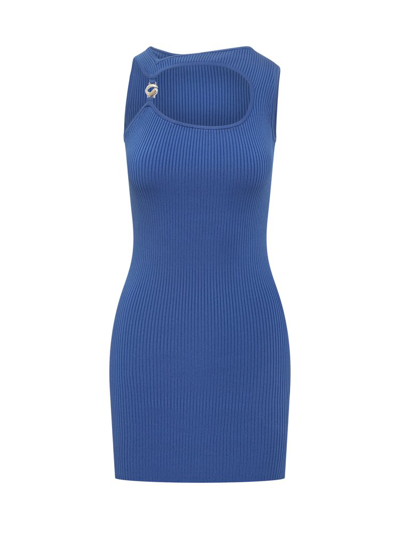 Shop Coperni Asymmetric Neck Ribbed Mini Dress In Blue