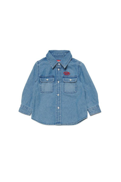 Shop Diesel Kids Cartob Logo Embroidered Buttoned Denim Shirt In Blue