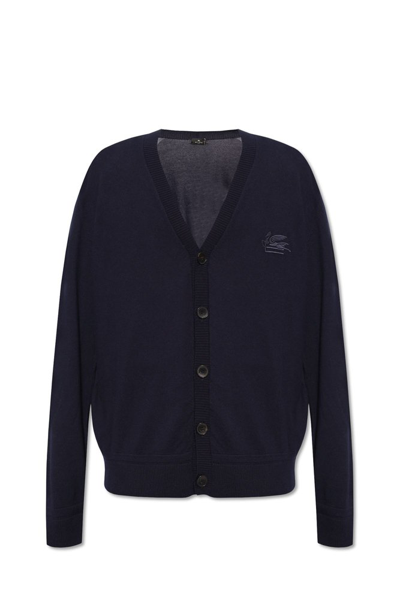 Shop Etro Pegaso Embroidered Knit Cardigan In Navy