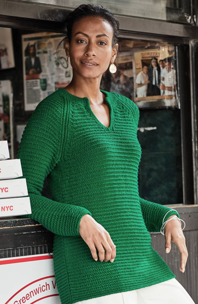 J.jill Wearever Textured Split-neck Sweater In Emerald Isle