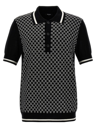 Shop Balmain 'mini Monogram' Polo Shirt In White/black