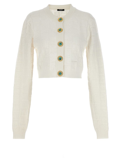 Balmain Cropped Cardigan With Jewel Buttons In White