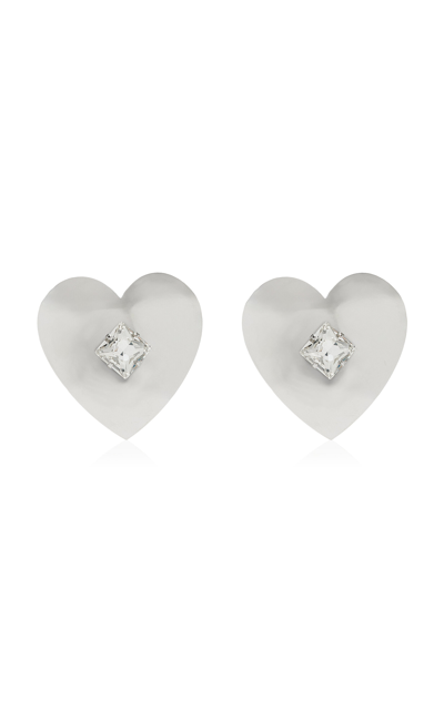 Shop Alessandra Rich Silver-tone Crystal Heart Earrings
