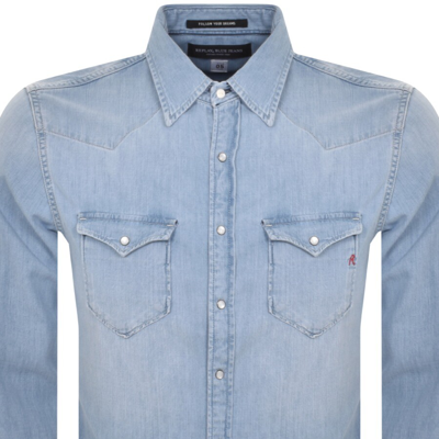 Shop Replay Denim Look Long Sleeved Shirt Blue