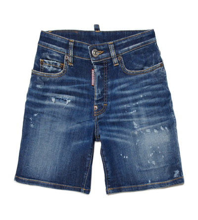 Shop Dsquared2 Kids Distressed Logo Patch Denim Shorts In Blue