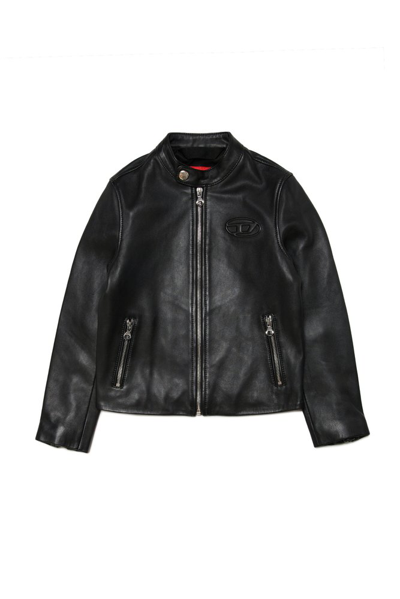 Shop Diesel Kids Jblac Logo Embossed Leather Jacket In Black