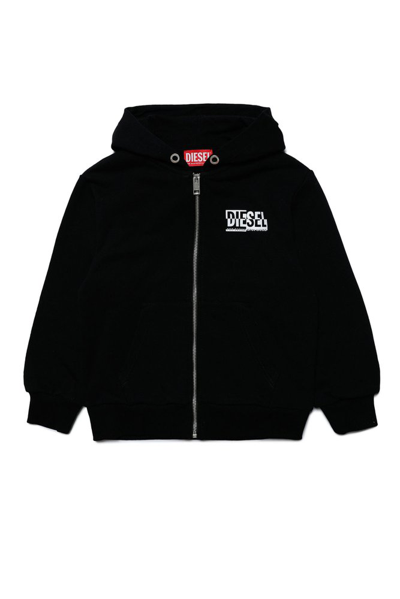 Shop Diesel Kids Spone Over Logo Printed Zipped Hoodie In Black