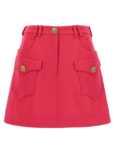 Balmain High-waisted Mini Skirt Logo Buttons In Fuchsia