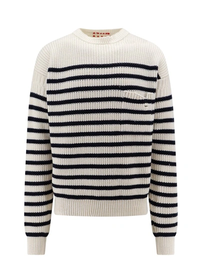 Shop Marni Virgin Wool Sweater With Striped Motif In Grey